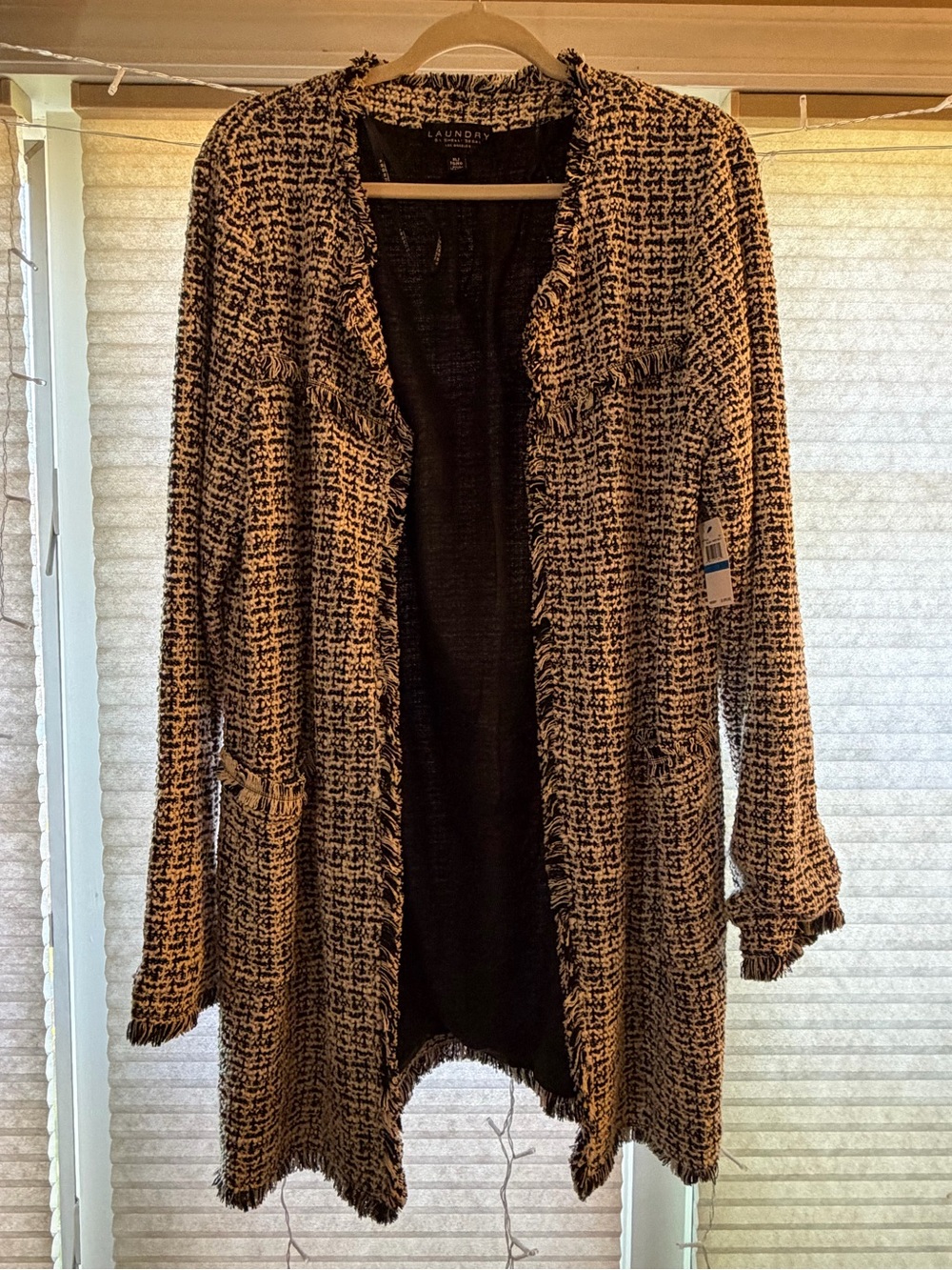 Laundry by Shelli Segal Black and Tan Tweed Open-Front Cardigan